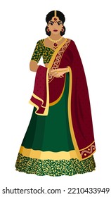 National fashion. A Hindu woman in traditional dress - green with a dark red sari embroidered with gold. Flat vector illustration.