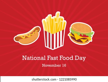 National Fast Food Day vector. Fast Food icon set. Hamburger, hot dog and French fries. American Food Feast. Important day