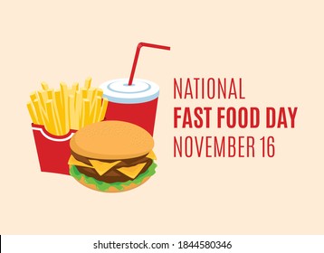 National Fast Food Day vector. Hamburger, french fries and drink vector. Fast Food icon vector. American food and beverage holiday. Fast Food Day Poster, November 16