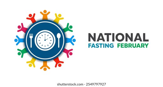 National Fasting February. Clock, plate, spoon, fork and people. Great for cards, banners, posters, social media and more. White background. 