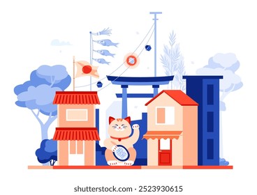 Características nacionais do Japão - ilustração vetorial colorido moderno com mistura de arquitetura, lembranças e símbolos. Maneki-neko, koinobori, bandeira nacional, sakura, bambu e antigo portão torii
