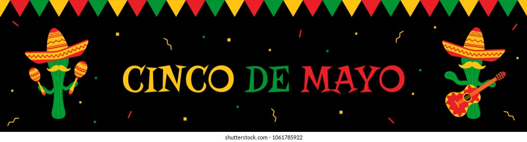 National festival cinco de mayo web banner. Festive colors bunting, big title and cwo funny cactus mariachi in sombrero with guitar and maracas. Vector illustration for party advert on cinco de mayo