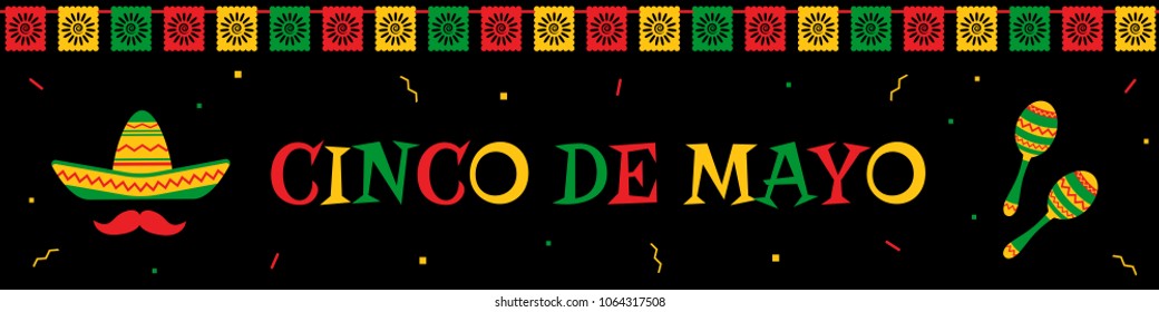 National festival cinco de mayo web banner. Festive garland flags, big title, sombrero, mustache and maracas on black horizontal banner. Festive colors vector illustration for promo on cinco de mayo.