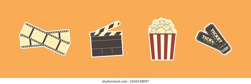 Dia Nacional do Filme sobre fundo amarelo. Dia Mundial do Cinema.Retro Adesivo Popcorn, ingressos, tira de filme e Clapperboard. Ótimo para papel de parede, banner, site, papel de embrulho, cartões e embalagem.