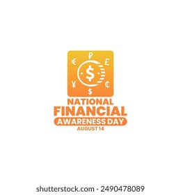 National Financial Awareness Day, August 14, suitable for social media post, card greeting, banner, template design, print, suitable for event, website, vector, with coin currency illustration. Story