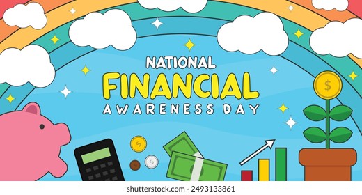 National Financial Awareness Day. Piggy bank, plant, money, calculator, rainbow and more. Great for cards, banners, posters, social media and more. Blue background.