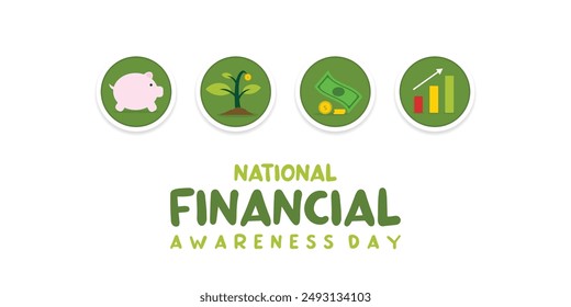 National Financial Awareness Day. Piggy banks, plants, money and statistics. Great for cards, banners, posters, social media and more. White background.