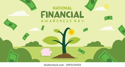 National Financial Awareness Day. Plants, coin, piggy bank and more. Great for cards, banners, posters, social media and more. Easy green background.