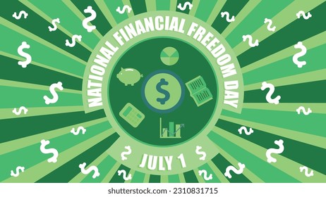 NATIONALE FINANZIELLE FREEDOM DAY Vektorbanner-Design mit finanziellen Elementen wie Dollarzeichen, Sparschwein und Taschenrechner mit geschwungener Typografie. NATIONALE FINANZIELLE FREIHEIT TAG Modernes Minimalposter 