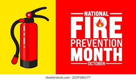 O fundo do Mês Nacional de Prevenção de Incêndios ou modelo de design de banner é observado todos os anos em outubro. Conceito de férias. Modelo para cartão, cartaz, cartão, modelo.