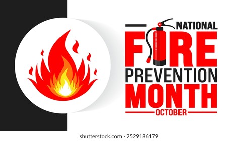 O fundo do Mês Nacional de Prevenção de Incêndios ou modelo de design de banner é observado todos os anos em outubro. Conceito de férias. Modelo para cartão, cartaz, cartão, modelo.