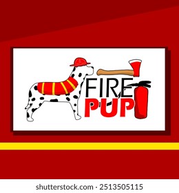 National Fire Pup Day celebrates on October 1st. Illustration of a dalmatian dog wearing a fireman's hat with an ax and extinguisher on board on dark red background.