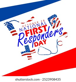 National First Responders Day memorial on October 28th. Extinguisher, police wallet, stethoscope and health symbol depicting the American flag on white background.