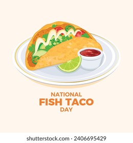 National Fish Taco Day Poster Vektorgrafik. mexikanisches Taco Essen mit gebratenem Fisch und Gemüse Symbol Vektorgrafik. Taco auf einem Teller mit Salsa Sauce und Kalkzeichnung. 25. Januar. Wichtiger Tag