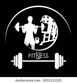 National Fitness Day event banner. Illustration of a man lifting weights in a fitness center on a black background to celebrate on May