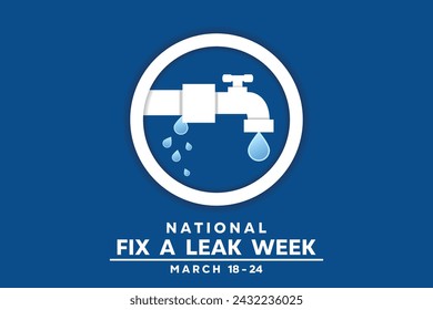 In: National Fix a Leak Week. Rohre, Wasser und Wasserhähne. Ideal für Karten, Banner, Poster, Social Media und mehr. Blauer Hintergrund.
