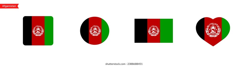National flag of Afghanistan icons. Afghanistan flag in the shape of a square, circle, heart. Website language choice symbols. Vector UI flag design