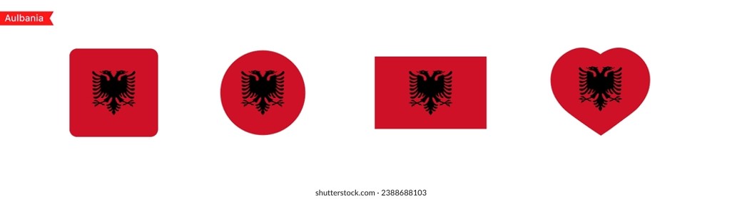 National flag of Albania icons. Albania flag in the shape of a square, circle, heart. Website language choice symbols. Vector UI flag design