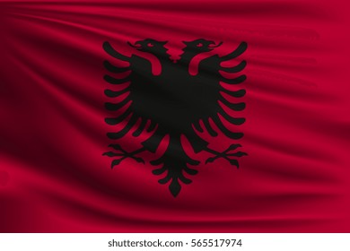 The national flag of Albania. The symbol of the state on wavy silk fabric. Realistic vector illustration.