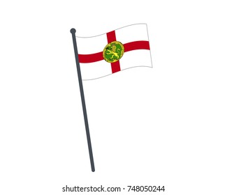 The national flag of Alderney on a pole. The waving flag. The sign and symbol of the country. Realistic vector.