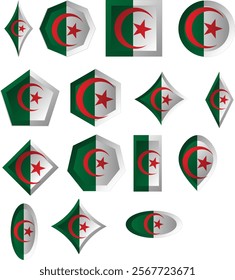 The national flag of Algeria consists of two equal vertical bars, green and white, charged in the center with a red star and crescent, a symbol of Islam as the nation's prominent faith