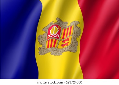National flag of Andorra country. Patriotic sign in official greek colors: blue, yellow and red. Symbol of Sounhern European state. Vector icon illustration