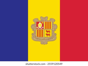 The national flag of Andorra features a vertical tricolour of blue, yellow, and red with the coat of arms of Andorra in the center