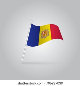 The national flag of andorra on a pole. The waving flag. The sign and symbol of the country. Realistic vector.