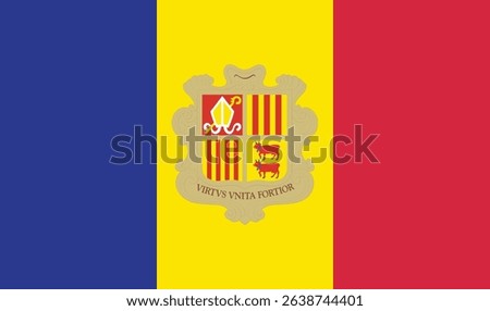 National flag of Andorra, a small country in Europe. Vertical blue, yellow, and red bands with the coat of arms in the center.