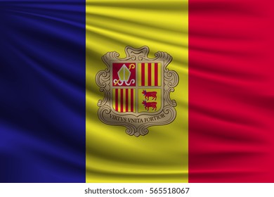 The national flag of Andorra. The symbol of the state on wavy silk fabric. Realistic vector illustration.