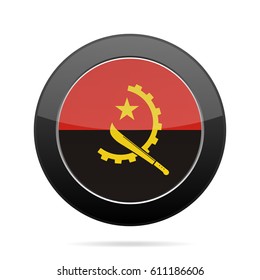 National flag of Angola. Shiny black round button with shadow.