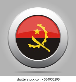 National flag of Angola. Shiny metal gray round button with shadow.