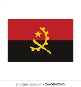 Bandeira nacional de angola acenando, com um facão, roda de engrenagem e estrela em um fundo vermelho e preto.