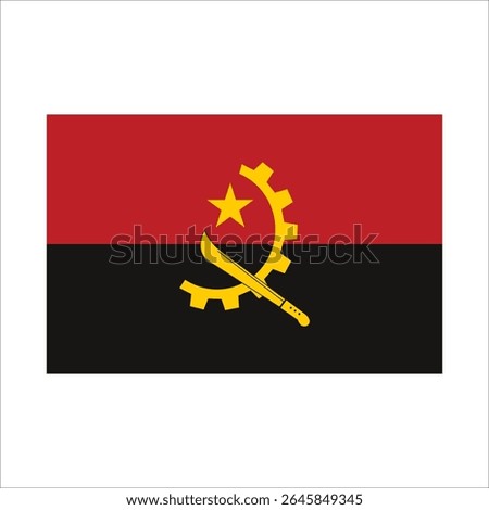 National flag of angola waving, featuring a machete, cog wheel, and star on a red and black background.