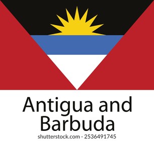 A bandeira nacional de Antígua e Barbuda, com um triângulo preto com um sol amarelo no ápice, uma faixa azul, um triângulo branco e dois triângulos vermelhos.