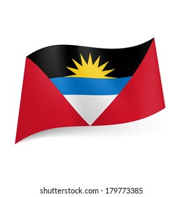 National flag of Antigua and Barbuda: geometric composition in red, blue, black and white colors with yellow sun 