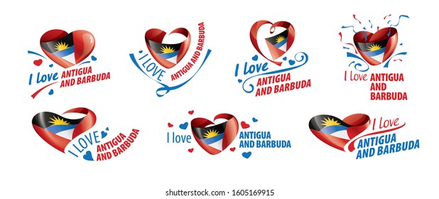 The national flag of the Antigua and Barbuda and the inscription I love Antigua and Barbuda. Vector illustration