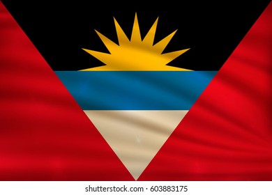 The national flag of  Antigua and Barbuda on wavy silk background with bokeh lights. Realistic vector illustration.