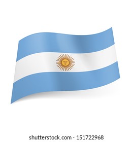 National flag of Argentina: central white stripe with sun between light blue ones.