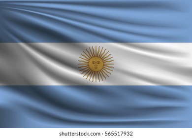 The national flag of Argentina. The symbol of the state on wavy silk fabric. Realistic vector illustration.