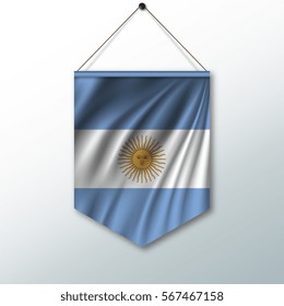 The national flag of Argentina. The symbol of the state in the pennant hanging on the rope. Realistic vector illustration.