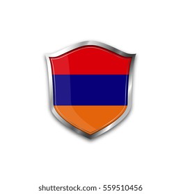 The national flag of Armenia. Metal shield with reflections on a white background.