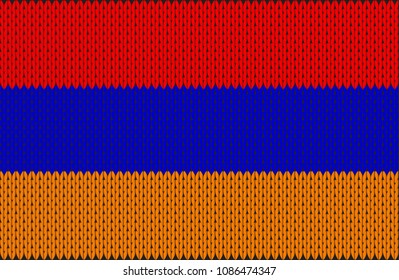 The National flag of Armenia on a knitted woolen texture with gradient effect.  Original and modern Banner of knitted badge of Armenia. Design element for print, wallpaper, wrapping paper, websites.