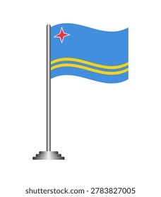 National flag of Aruba with light blue field yellow stripes and red star. Waving banner design on metallic desktop stand for international diplomatic or cultural meetings.