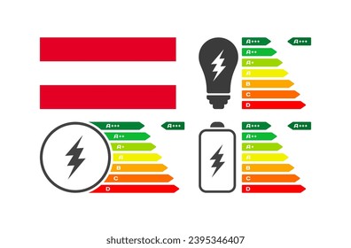 Bandera nacional de Austria y carga. Plano, color, letra de la clasificación de la batería. Bandera nacional de Austria. Iconos del vector