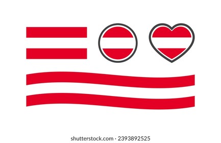 Bandera nacional de Austria. Piso, color, bandera nacional de Austria en forma de cuadrado, círculo, corazón. Bandera de Austria para el diseño. Iconos del vector