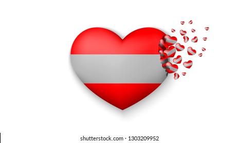 National flag of Austria in heart illustration. With love to Austria country. The national flag of Austria fly out small hearts on white background