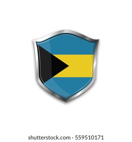 The national flag of Bahamas island. Metal shield with reflections on a white background.