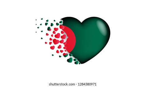 National flag of Bangladesh in heart illustration. With love to Bangladesh country. The national flag of Bangladesh fly out small hearts