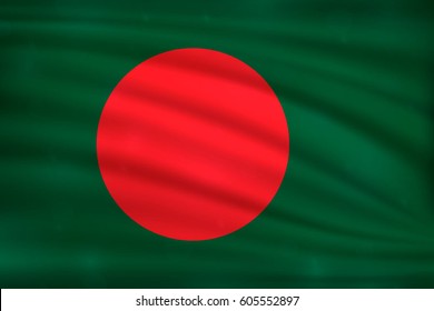 The national flag of Bangladesh on wavy silk background with bokeh lights. Realistic vector illustration.